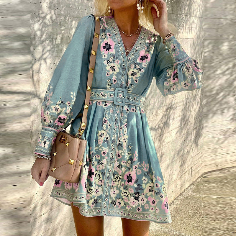 V-Neck Bohemian Print Dress