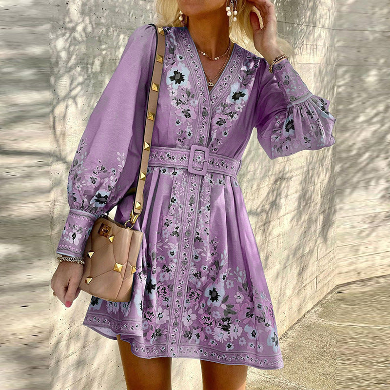 V-Neck Bohemian Print Dress