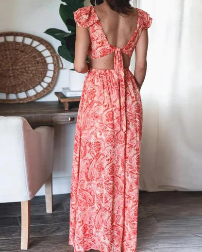 BUTTERFLY SLEEVE PRINT RUFFLE SLIT DRESS