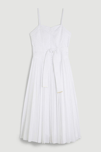 Cotton Top Stitch Pleated Midi Dress