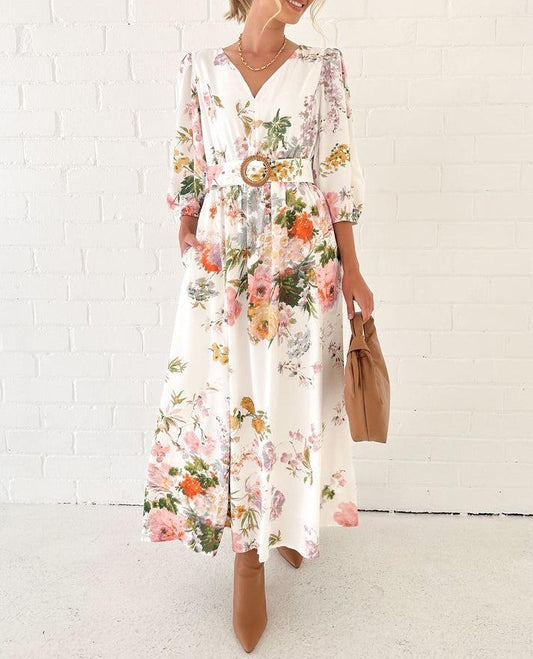 White Floral Mid-length Dress