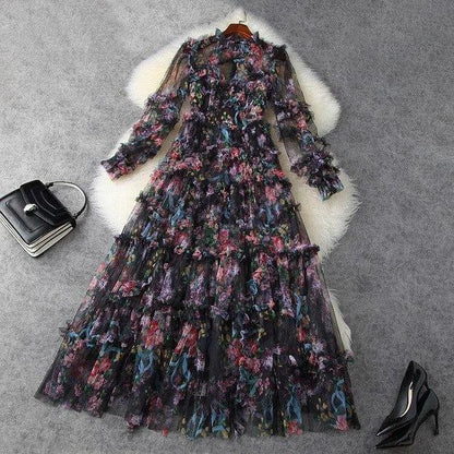 PRINTED VINTAGE MESH LONG DRESS