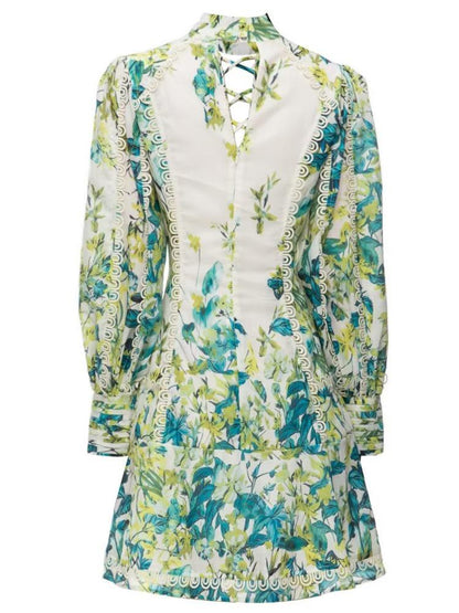 Green Stand Collar Lantern Sleeve Printed Dress