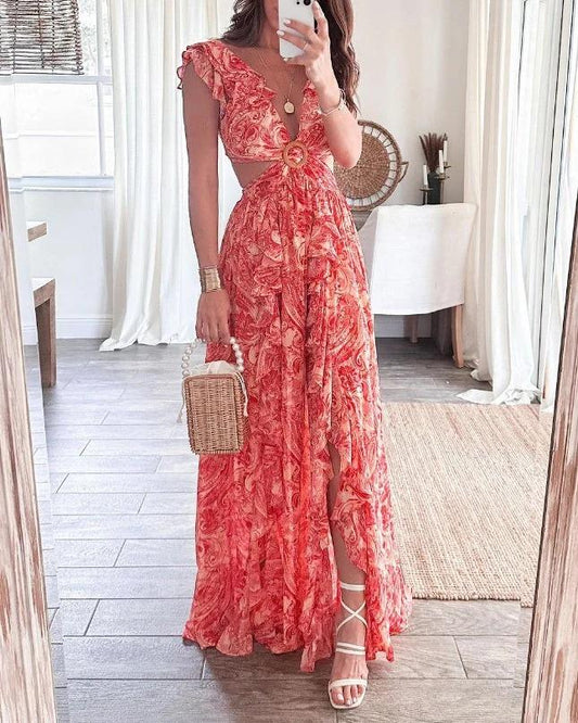 BUTTERFLY SLEEVE PRINT RUFFLE SLIT DRESS