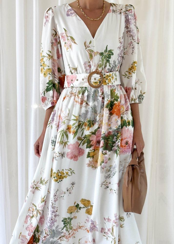 White Floral Mid-length Dress