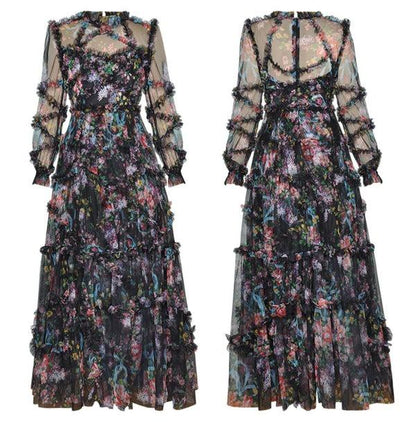 PRINTED VINTAGE MESH LONG DRESS