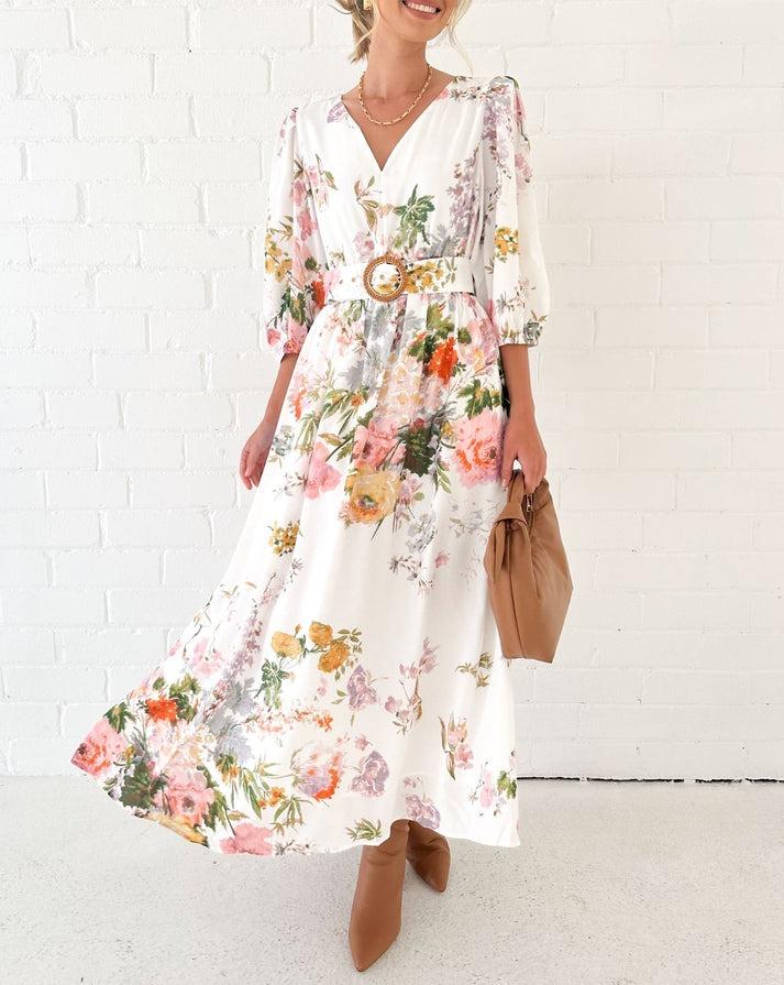 White Floral Mid-length Dress