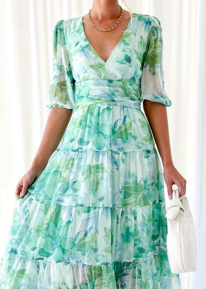 V-neck Layered Design Floral Dress