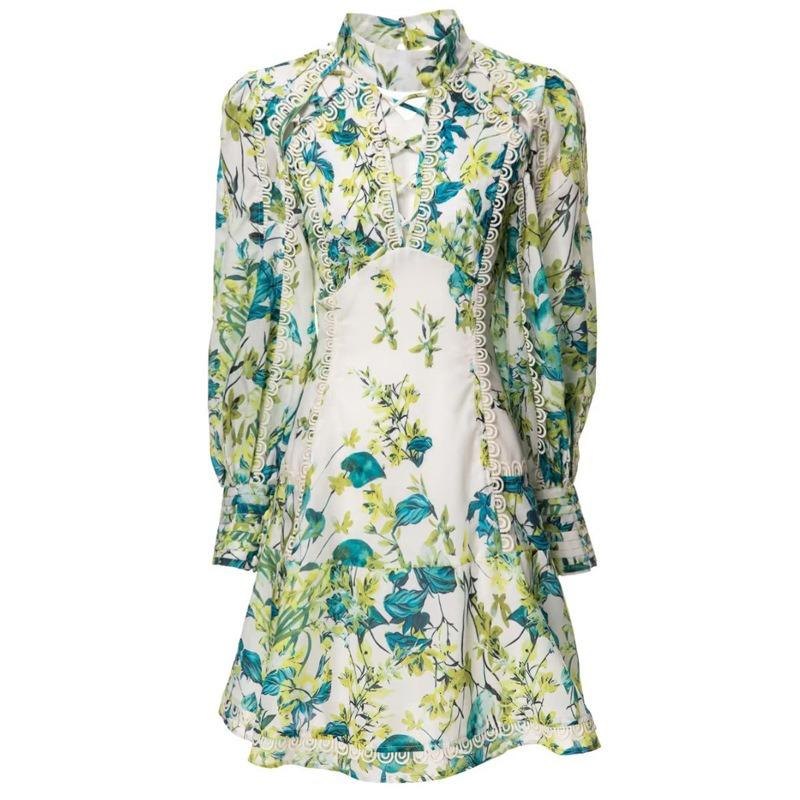 Green Stand Collar Lantern Sleeve Printed Dress