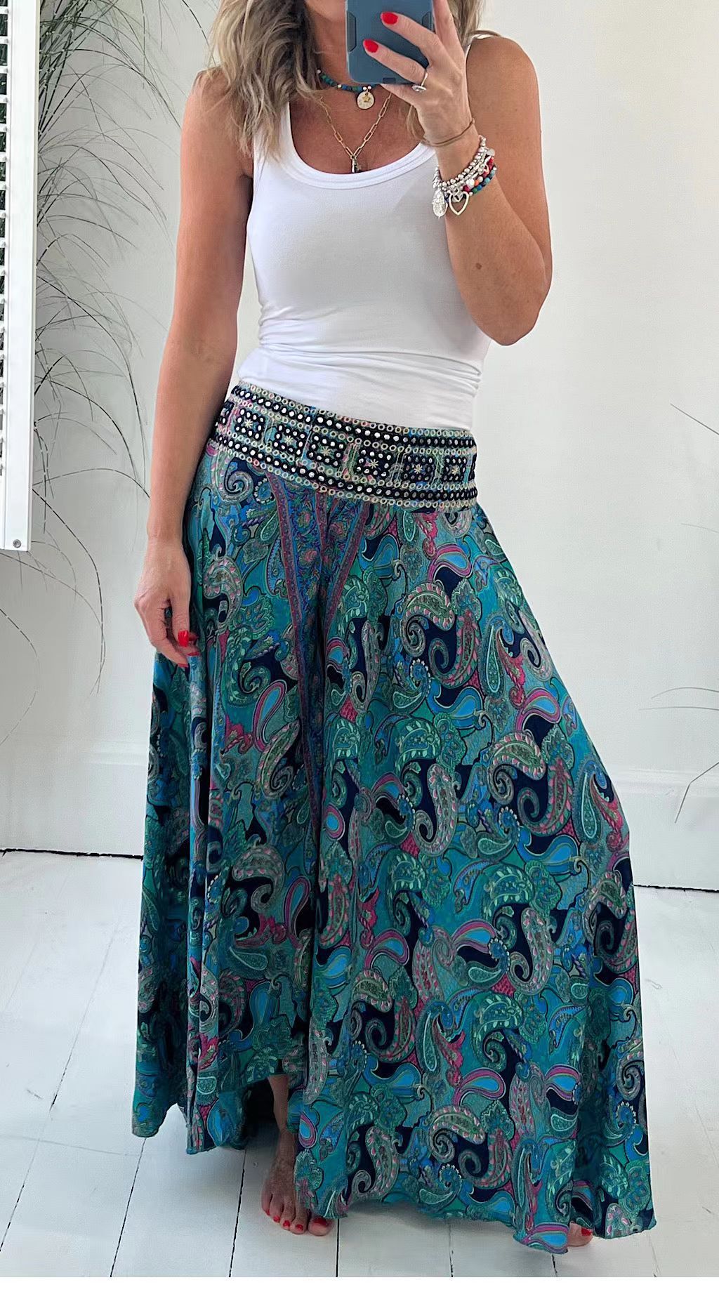 Ethnic Style Paisley Print Elasticized Patchwork Waist Lightweight Pants