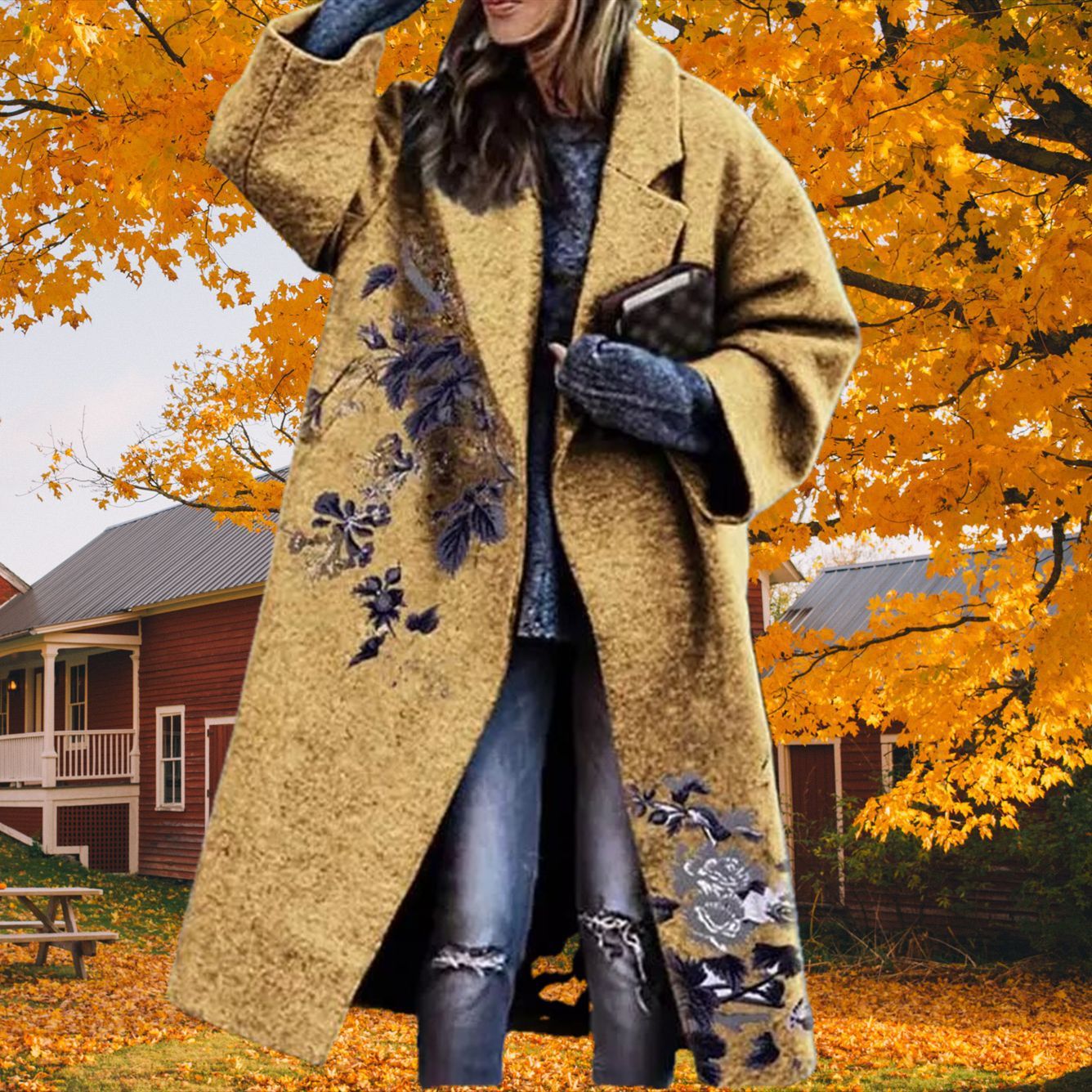 Long Sleeve Lapel Jacket Printed Wool Coat