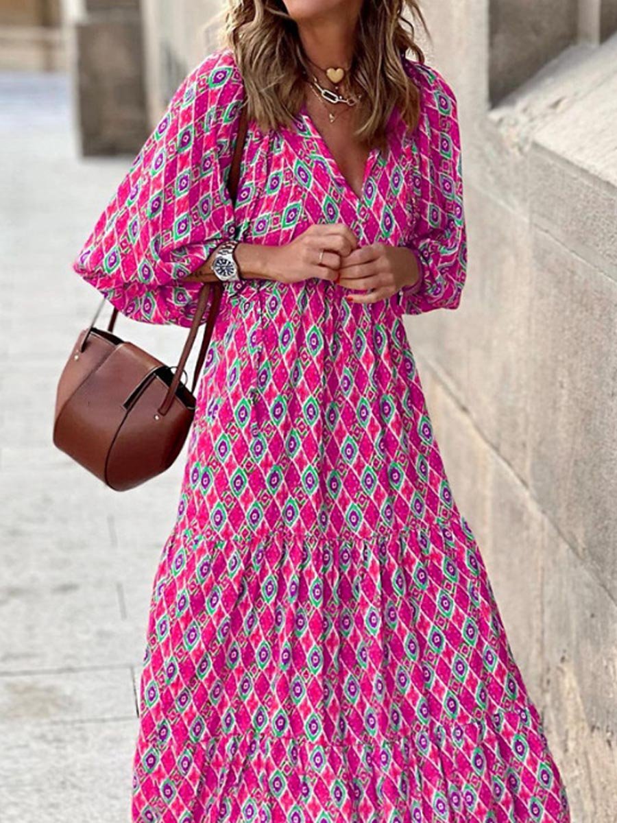 Geometric Print Bubble Sleeve Dress