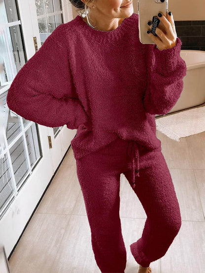 Solid Color Round Neck Thick Warm Set