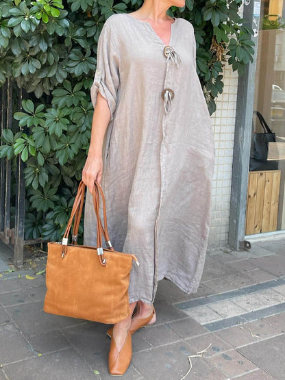 Casual Loose Solid Simple V Neck Dress