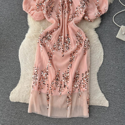 Bubble-Sleeve Sequin Dress