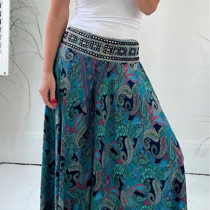 Ethnic Style Paisley Print Elasticized Patchwork Waist Lightweight Pants