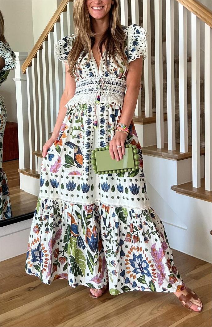 Printed V-neck Lace Midi Dress