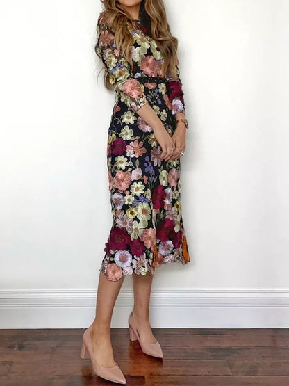 Floral Embroidered Boat Neckline See Through Long Sleeve Party Midi Dress