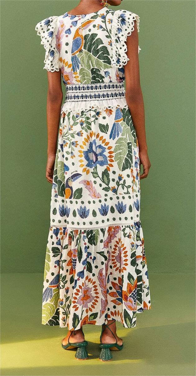 Printed V-neck Lace Midi Dress