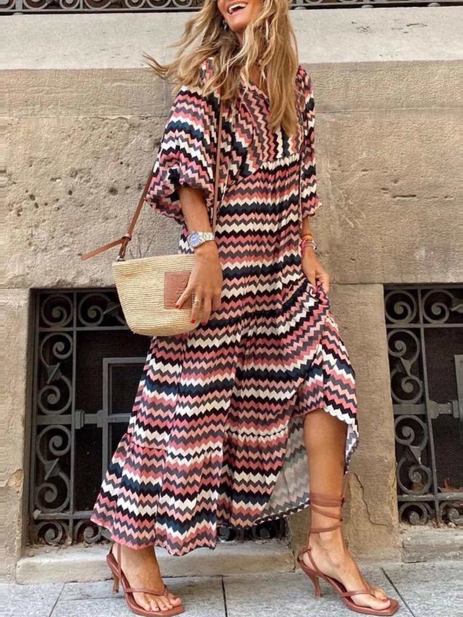 Geometric Print Bubble Sleeve Dress