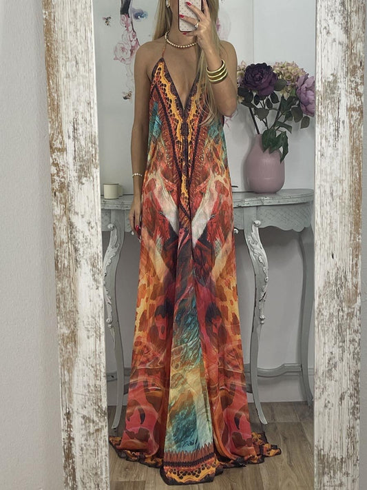 Halter Neck Backless Printed Sling Dress