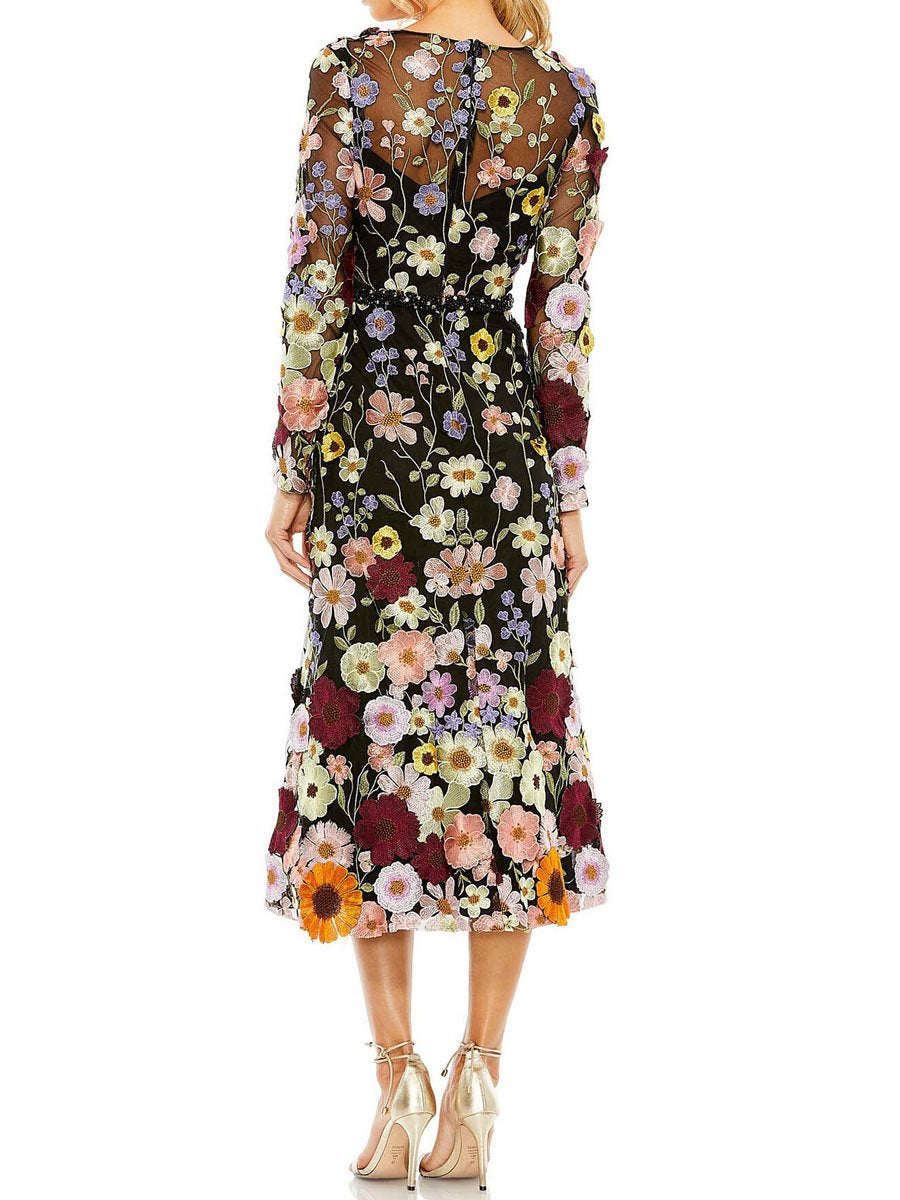 Floral Embroidered Boat Neckline See Through Long Sleeve Party Midi Dress