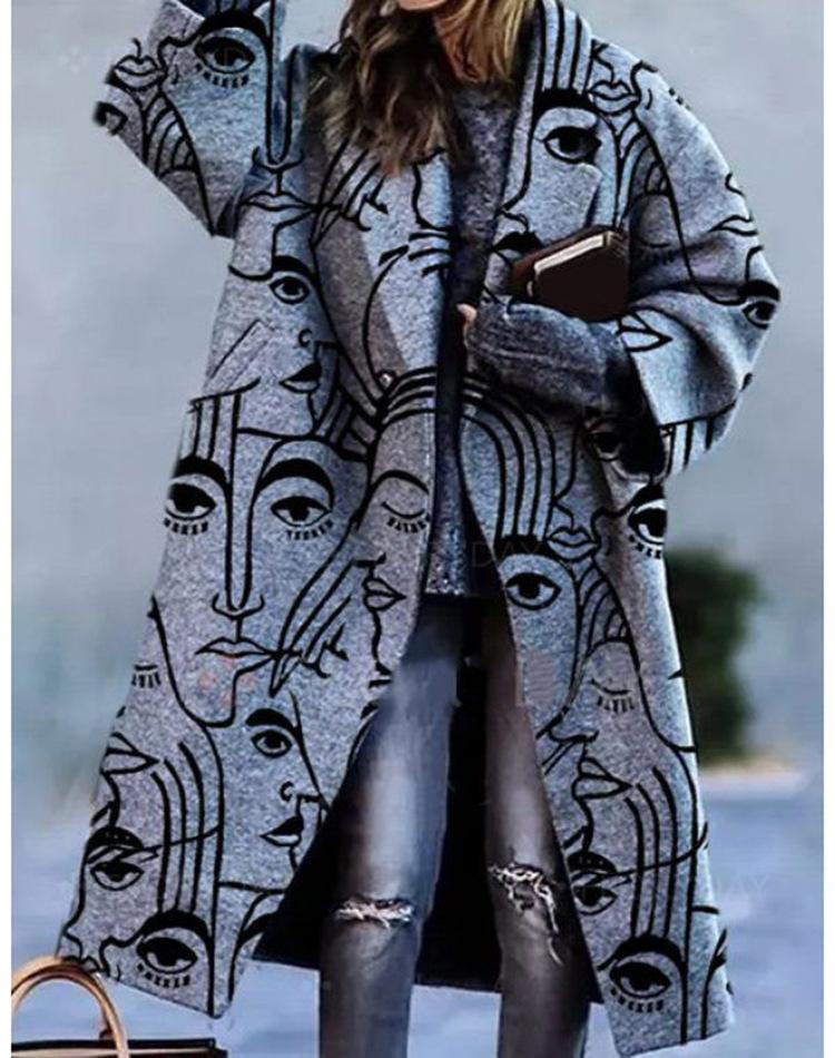 Long Sleeve Lapel Jacket Printed Wool Coat