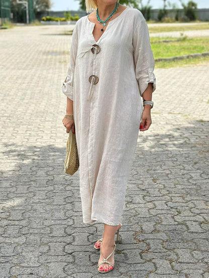 Casual Loose Solid Simple V Neck Dress