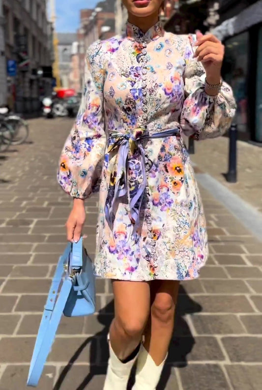 Elegant Temperament High Collar Floral Dress