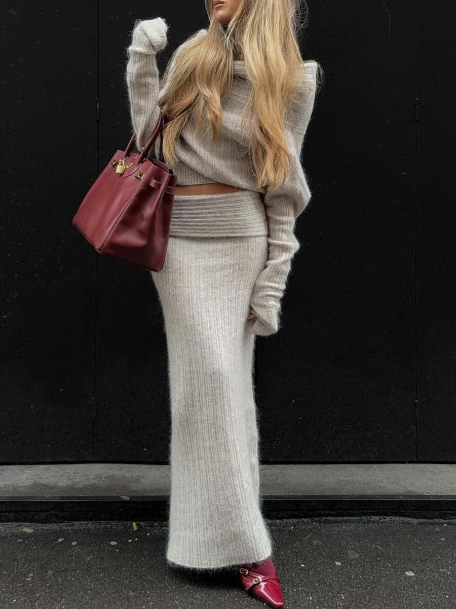 Knitted Off Shoulder Sweater Top & Skirts