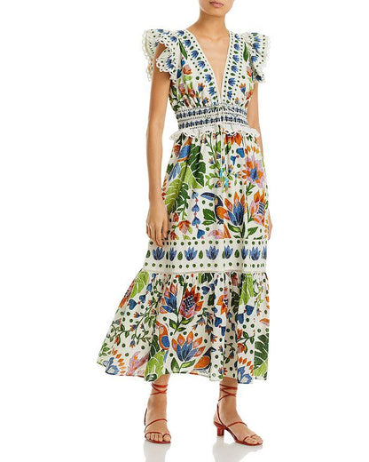 Printed V-neck Lace Midi Dress