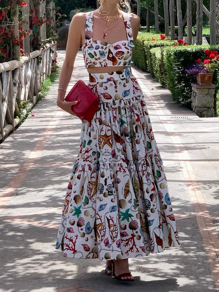 Sleeveless Printed Crop Top & Maxi Skirts