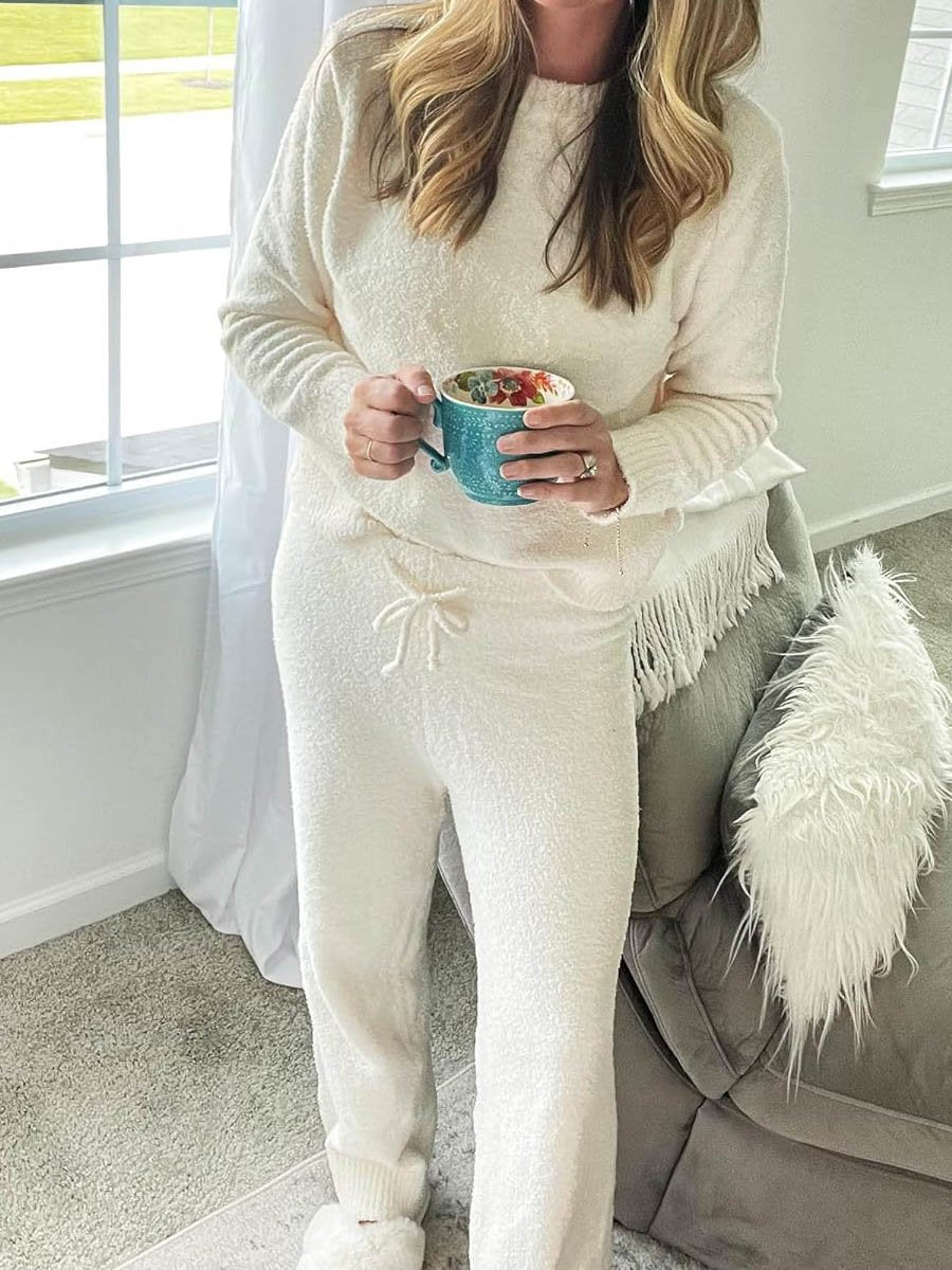 Solid Color Round Neck Thick Warm Set