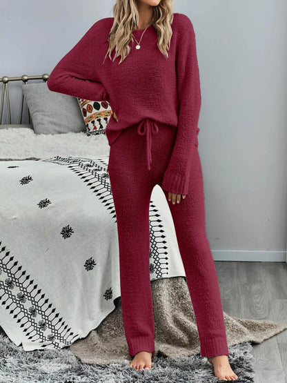 Solid Color Round Neck Thick Warm Set