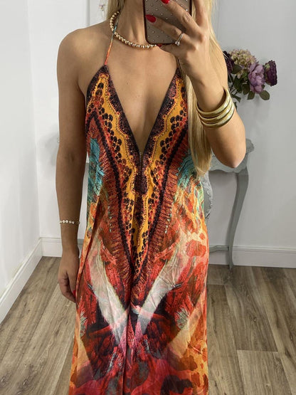 Halter Neck Backless Printed Sling Dress