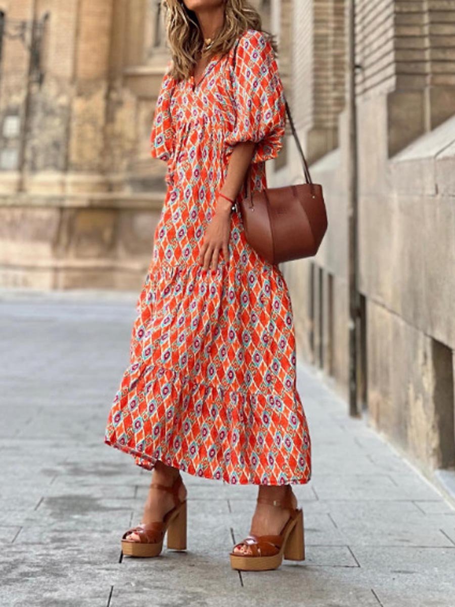 Geometric Print Bubble Sleeve Dress