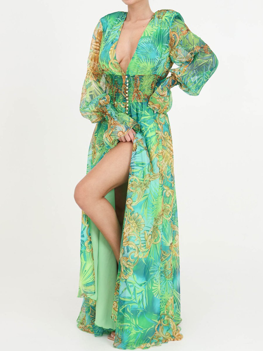 Deep V Neck Slit Hem Printed Long Sleeve Chiffon Dress