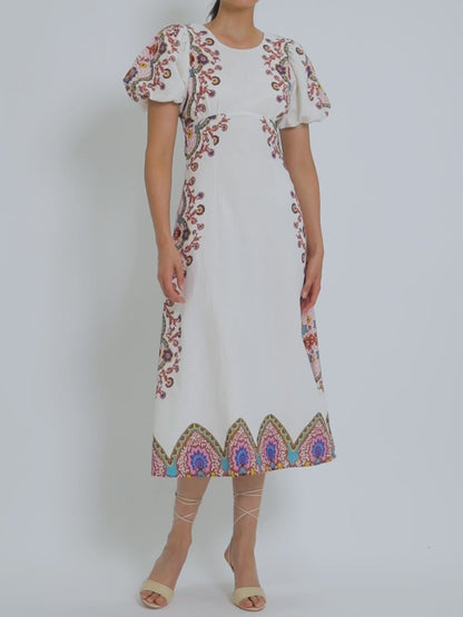 Puff Sleeve Placement Print Dress