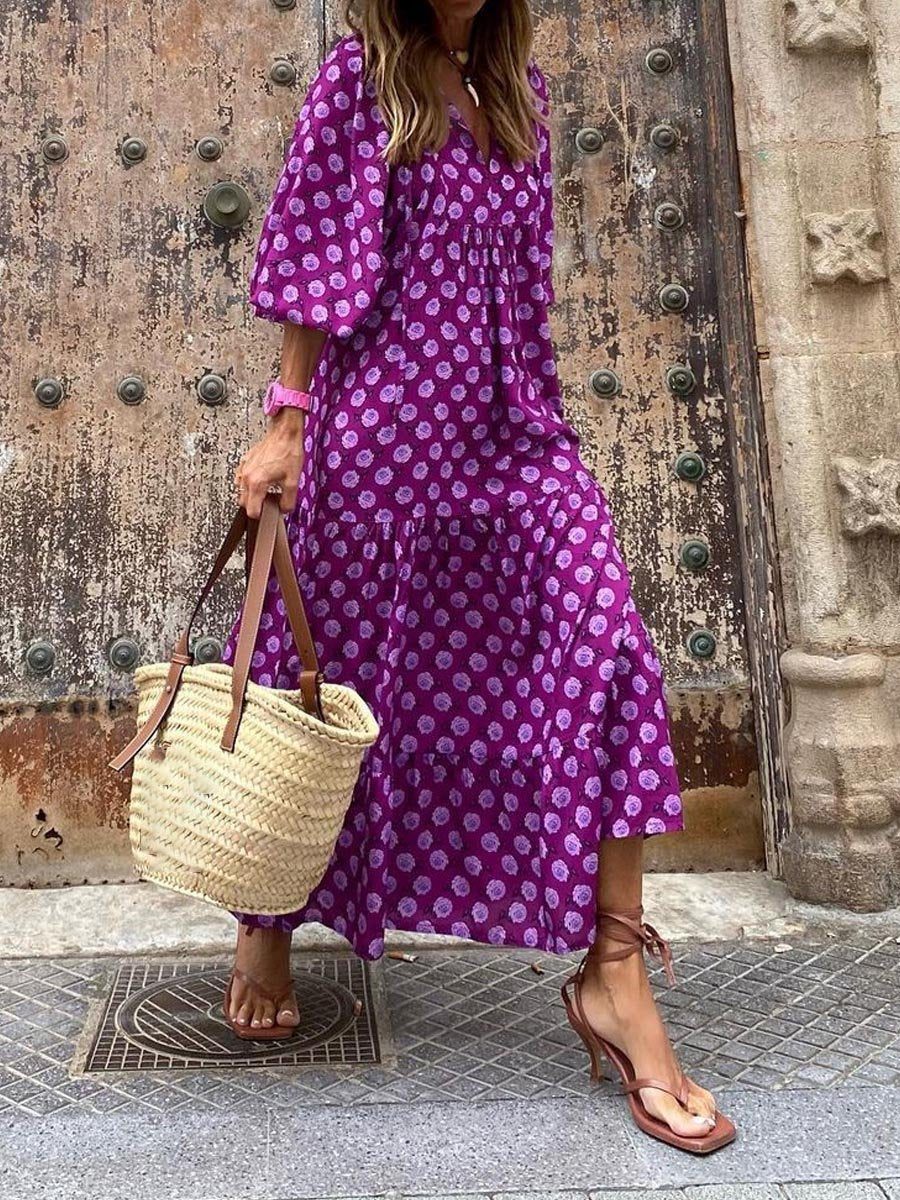 Geometric Print Bubble Sleeve Dress