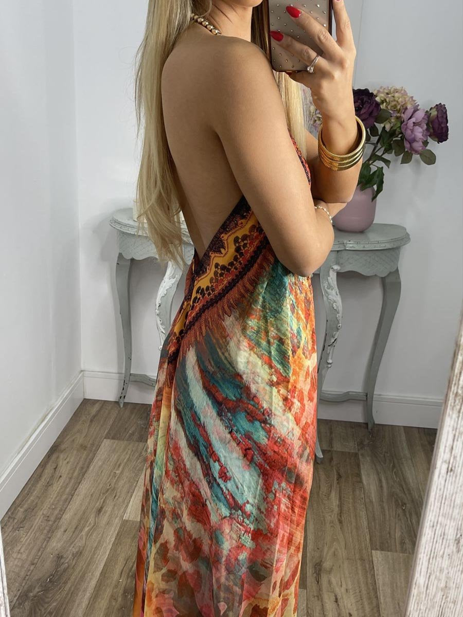 Halter Neck Backless Printed Sling Dress