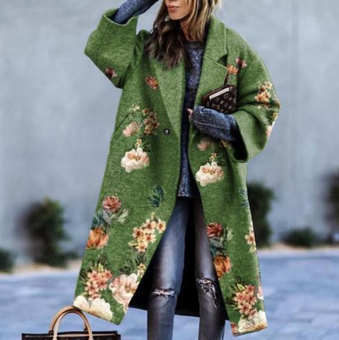 Long Sleeve Lapel Jacket Printed Wool Coat