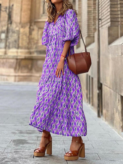 Geometric Print Bubble Sleeve Dress