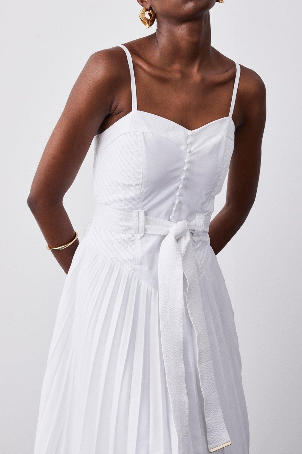 Cotton Top Stitch Pleated Midi Dress