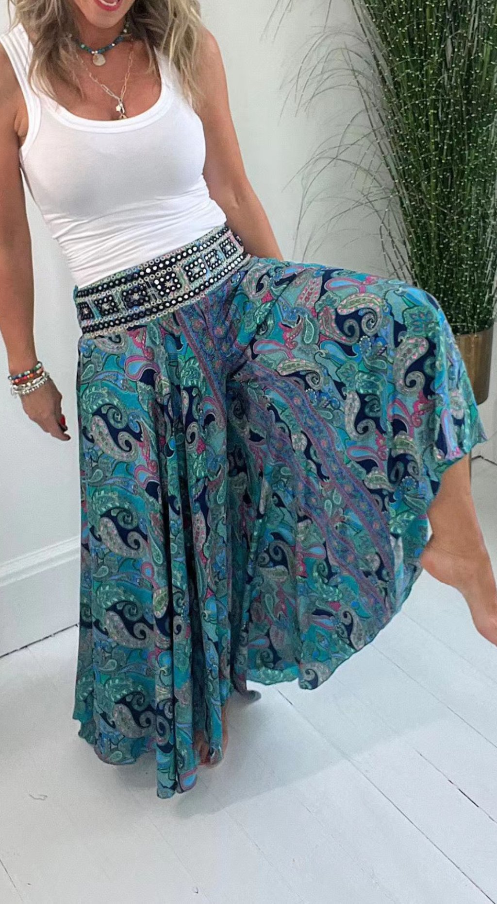 Ethnic Style Paisley Print Elasticized Patchwork Waist Lightweight Pants