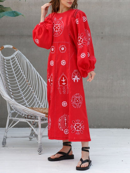 Embroidered Linen Puff Sleeves Dress