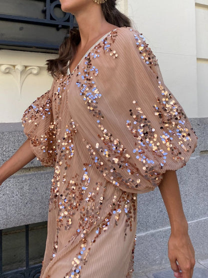 Bubble-Sleeve Sequin Dress