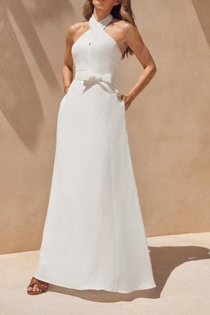 Linen Halter Neck Tie Waist Midi Dress