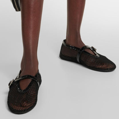 Leather-trimmed Fishnet Ballet Flats