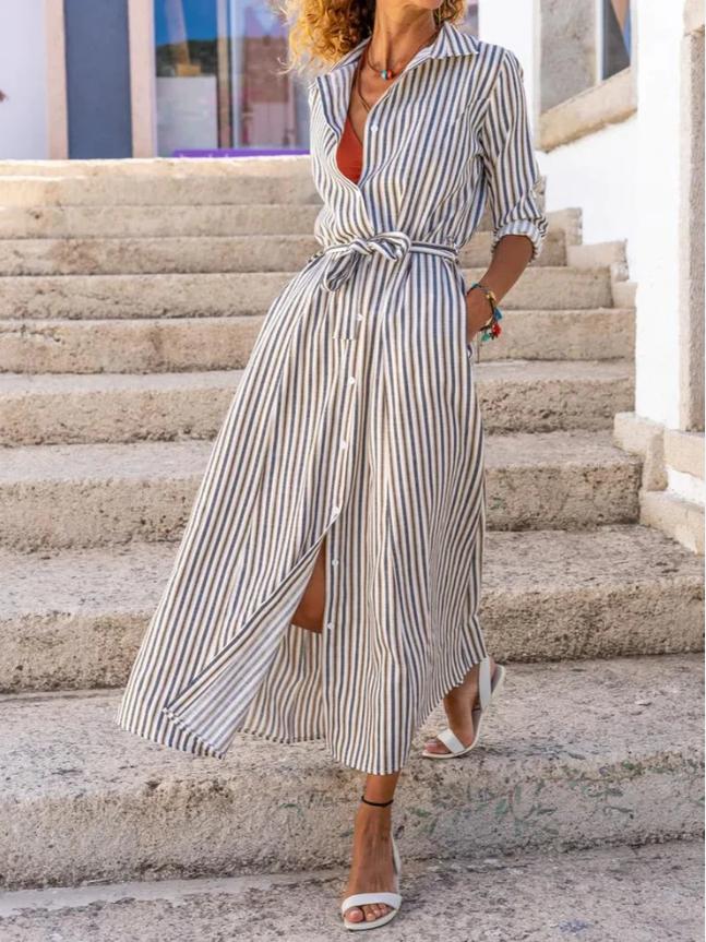 Striped Midi Dress With Belt