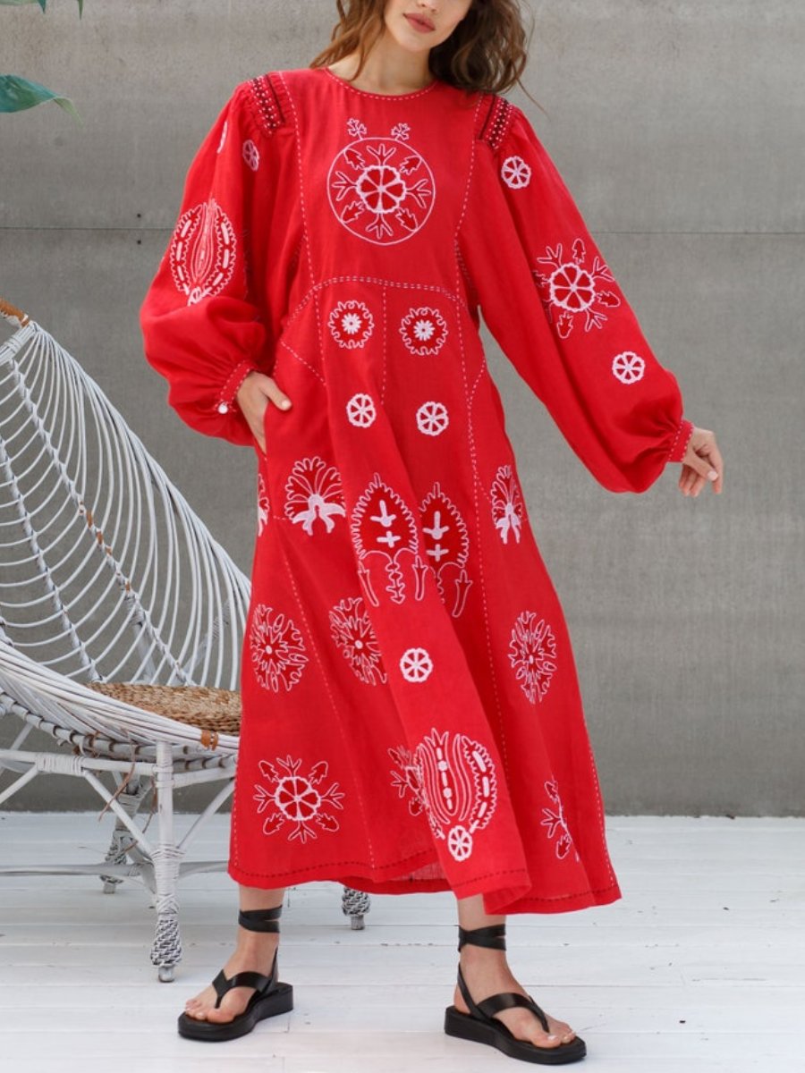 Embroidered Linen Puff Sleeves Dress